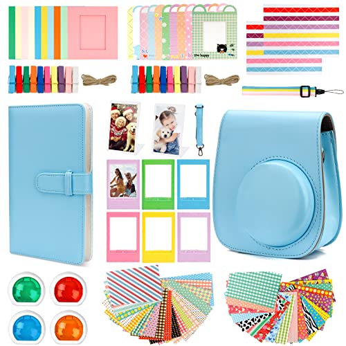 MOMSIV Accessoires pour appareils Photo instantanés pour Fujifilm Instax Mini 11/9/8/8+, Ensemble d'accessoires pour Appareil Photo avec étui, bandoulière, Album, Cadre Film, Autocollant Cadre (Bleu) Cover