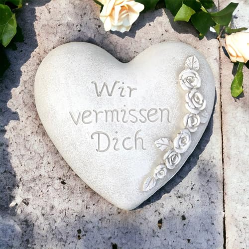Radami Grabherz Gedenkstein - Wir vermissen Dich - Grabschmuck Grabdeko Trauerherz 10cm, Handarbeit - Handbemalt