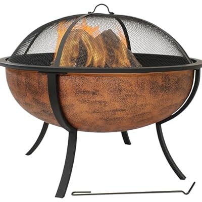 Sunnydaze 32-Inch Copper Fire Pit for Outside - Wood-Burning Fire Pit Bowl with Spark Screen, Wood Grate, and Poker