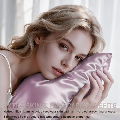 Image of LYSHIN Silk Pillow Cases 2 Pack Queen Size with Zipper, Lavender | 19 Momme Mulberry Silk Pillowcase for Skin and Hair, Anti-Acne, Hypoallergenic, Cooling, Beauty Sleep, Gifts for Women