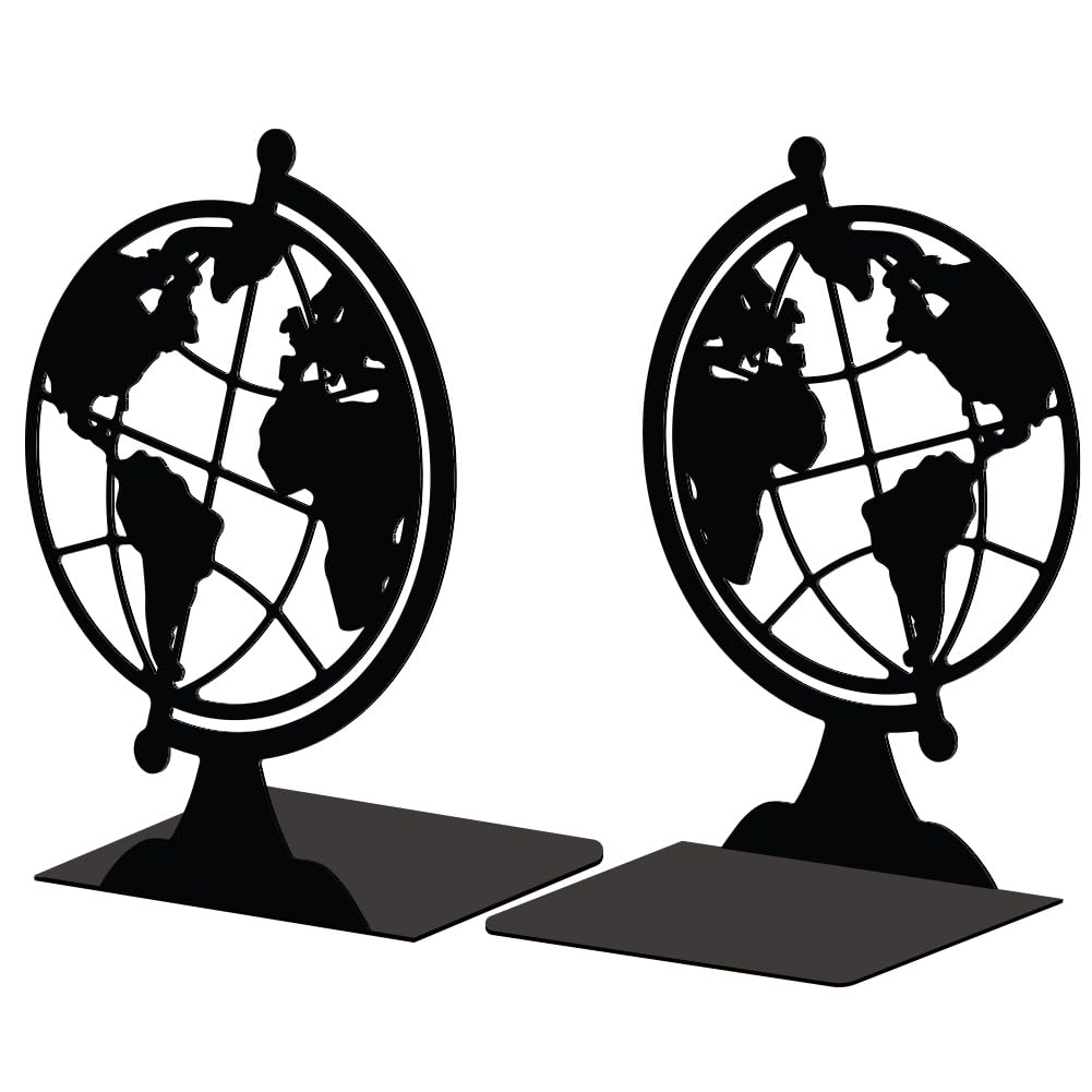 Peacoblue Metal Bookend Stopper Holder Stand for Shelves Decorative, 13.5x11x18.8cm Modern Creative Heavy Duty Study Book End for Desk Shelf, 1 Pair (Globe)