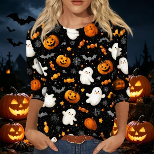 Image of Women Spooky Halloween Graphic Shirt 3 /4 Length Sleeve Crewneck Top | Halloween Funny Printed Pumpkin Plus Size Tshirts 2026 Fall Outfits Skeleton Tee Going Out Tops