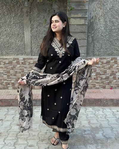 Image of GoSriKi Women's Rayon Blend Straight Embroidered Kurta with Pant & Dupatta