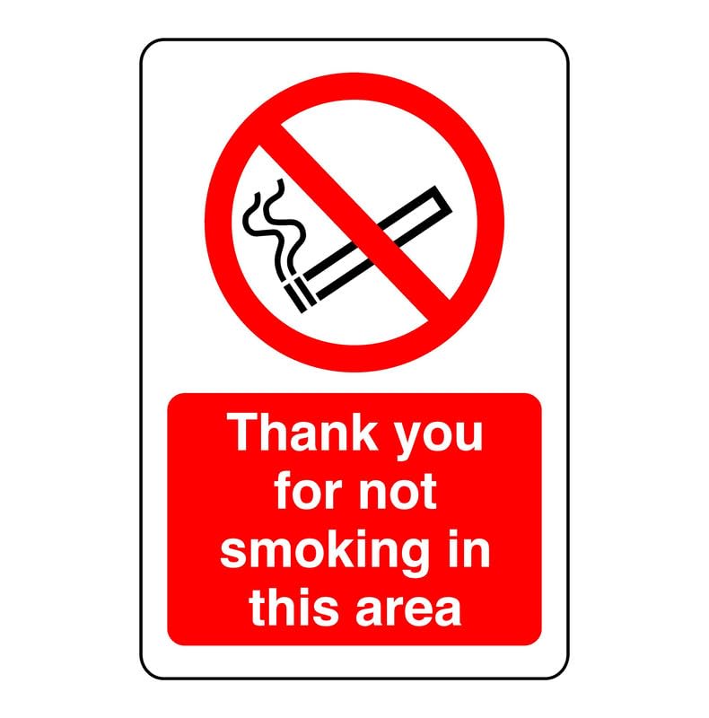 Safety First Display LTD Thank you for not smoking in this area sign - 1.2mm Rigid plastic for indoor/outdoor usage (300mm x 200mm) Viewing Distance within 7m.