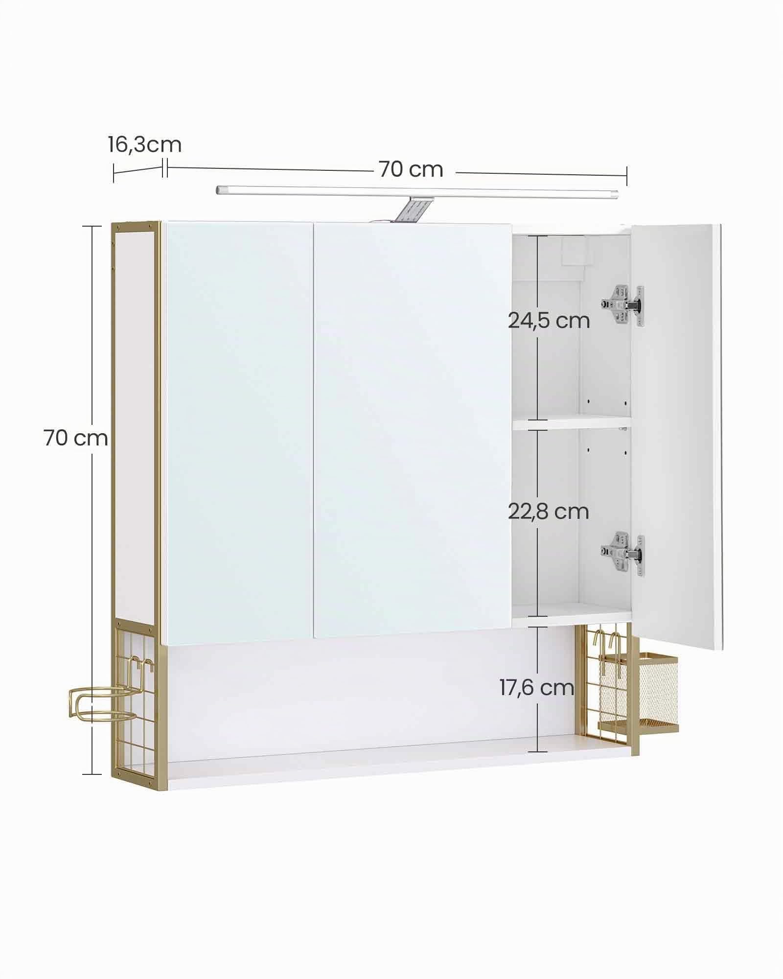 VASAGLE Armadietto da Bagno con Specchio e 3 Ante, Mobile a Parete, Cestino, Porta Asciugacapelli, Capiente, Mobiletto Bagno da Muro, Bianco Nuvola e Oro Verde Chiaro BBK124A10