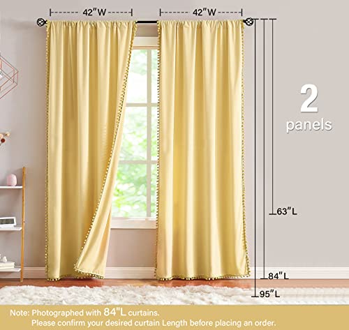 Velvet Yellow Curtains for Bedroom Windows 95inch Long Pom Pom Curtain Panels for Living Room Cotton Feel Soft Drapes 2Panels Rod Pocket by Treatmentex - Used condition - Image 5