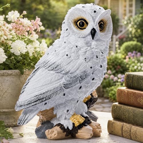 Large Solar Owl Garden Outdoor Statue, IP65 Waterproof Resin Owl Figurines with Built-in LED Lights, Fake Owl Figurine Decorations for Yard Patio Lawn, Housewarming Gifts for Women Mom, White