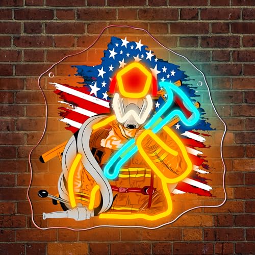 Image of Mutank Firefighter Neon Sign, American Flag LED Fireman Neon Light USB Powered, for First Responder Hero Tribute Emergency Services Firehouse Decor, Firefighter Gifts(12.9 * 12.5 In)