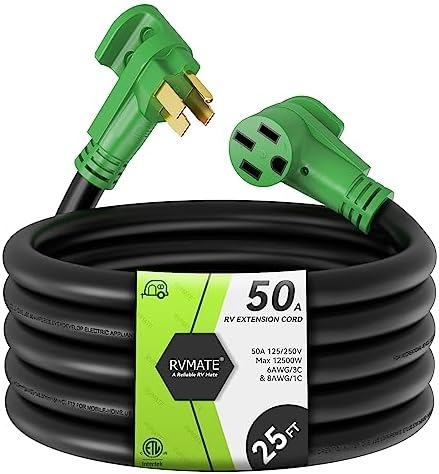 RVMATE 50 Amp 25 Feet RV/EV Extension Cord, Easy Plug in Handle, 14-50P to 14-50R with LED Indicator, ETL Listed, Come w/Storage Bag and Plastic Strap