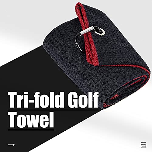 Mile High Life Tri-fold Golf Towel | Premium Microfiber Fabric | Waffle Pattern | with Heavy Duty Carabiner Clip | Golf Towel for Men and Women (Black/Red)