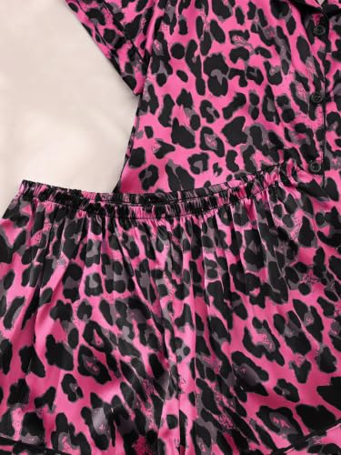 Image of SHENHE Women's 2 Piece Satin Pajama Set Leopard Short Sleeve Button Down Pj Shorts Set