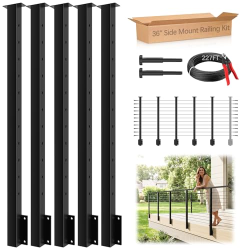 Image of 16-20ft Side Mount Cable Railing Post Kit for 36 inch Deck Level Railing | 5 Pack Space-Saving Level Post Kit, Fascia Mount Deck Posts for Deck DIY Length, T304 Black Posts System for Indoor & Outdoor