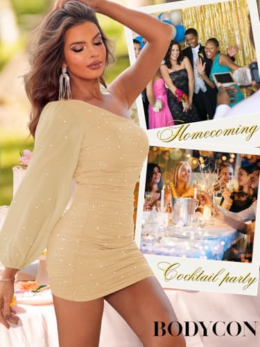 Image of ShawGobow Sparkly Outfits for Women,One Shoulder Ruched Bodycon Short Prom Dress,Sexy Dresses Cocktail Homecoming Nye
