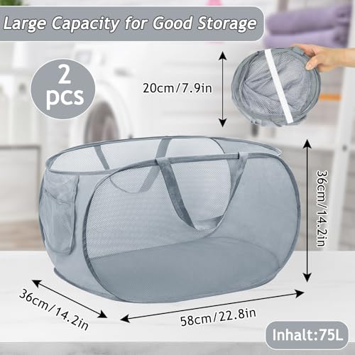 2 Stück Pop up Wäschekorb, 36 x 36 x 58cm Faltbarer Wäschekorb, Wäschekorb Klappbar Mit Henkel, Tragbar Wäschekorb Aus Mesh, Faltbarer Pop-up-Korb Für Badezimmer, Wohnheim, Reisen