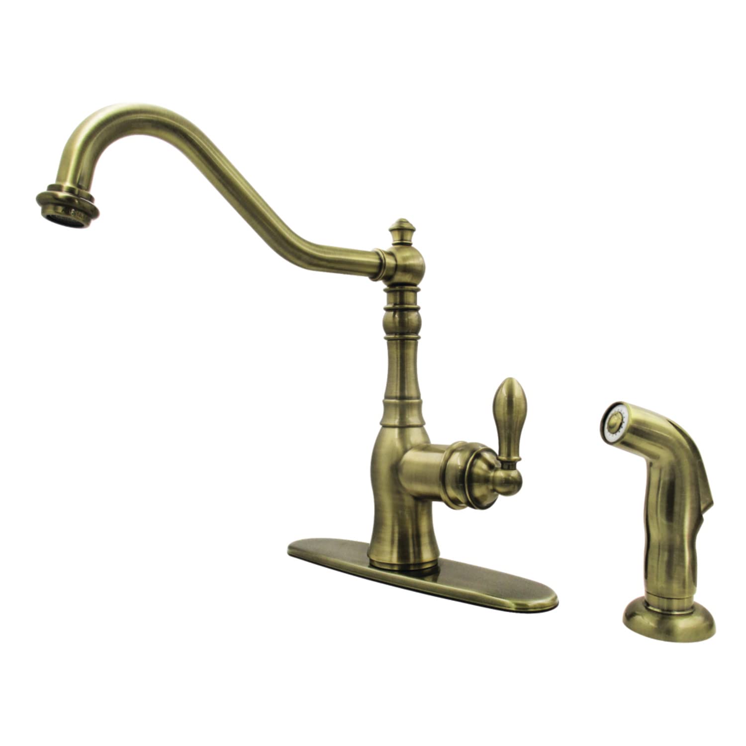 Kingston Brass GSY7703ACLSP American Classic Single-Handle Kitchen Faucet with Sprayer and Deck Plate, Antique Brass