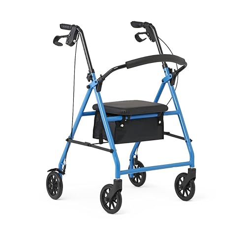 Mobility Lightweight Folding Steel Rollator Walker with 6-inch Wheels, Adjustable Seat and Arms, Light Blue