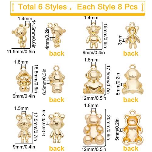 SUNNYCLUE 1 Box 48Pcs 6 Styles Plating Alloy Bear Charms Gold Cartoon Bear Pendant Animal Dangles for Jewellery Making Charms Keychain Earring Findings Bracelet Necklace Supplies Adult Women - Image 2