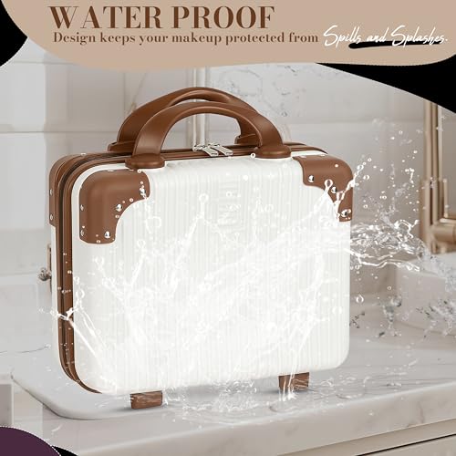 Image of Storite Hard Shell Vanity Bag Cosmetic Case for Women, Makeup Organizer - Brown & White