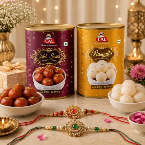 Image of Lal Sweets Gulab Jamun & Rasgulla Combo 1kg Each (Pack of 2) with 2 Rakhi | Traditional Indian Mithai | Raksha Bandhan Gift for Brother