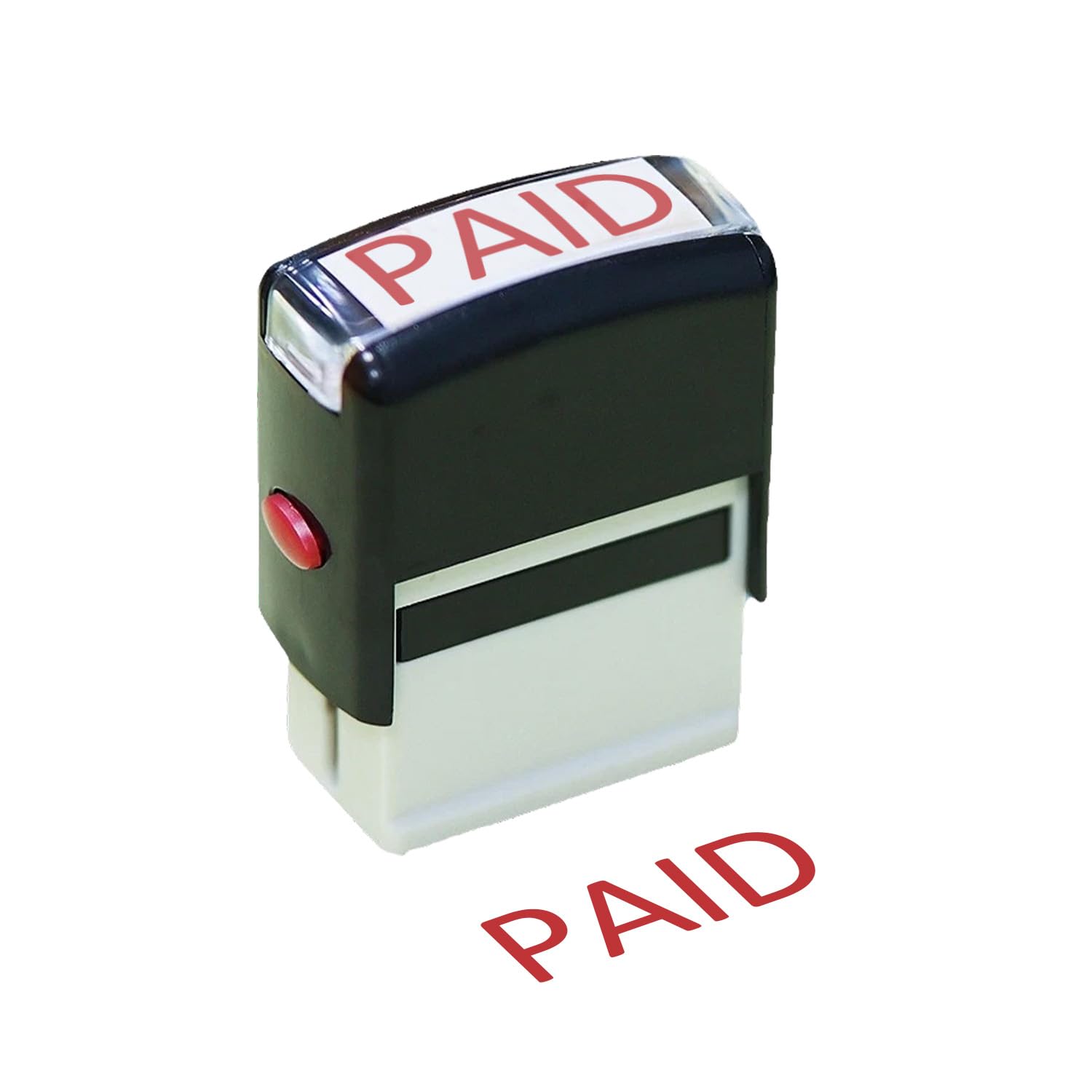 Paid Self Inking Rubber Stamp - Refillable Red Ink, 11x35mm Bold Text, Pre-Inked for Business Office Work Documents, Notice Message Cards (Black)