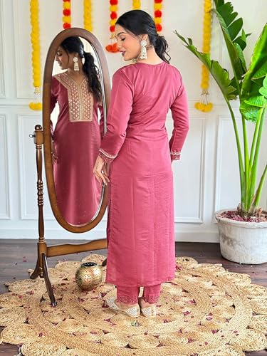 Image of Shiv Textiles Women's Chanderi Silk Embroidered Kurta Pant Dupatta Set(JDA-MADHAVI-Pink-L)