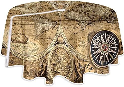 Atury World Map Outdoor Round Tablecloth, 60 Inch Table Covers with Umbrella Hole and Zipper, Washable Waterproof Cloths for 36-48 Garden Patio Picnic Decorations, 1720S Old Vintage