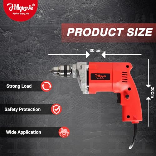 Image of Hillgrove HGCM1117M3 500W Drill Machine with 5Pcs Hand Tool Kit, 5Pcs HSS Drill Bits for Making Holes in Metal /Wood /Concrete Pistol Grip Drill (10 mm Chuck Size)