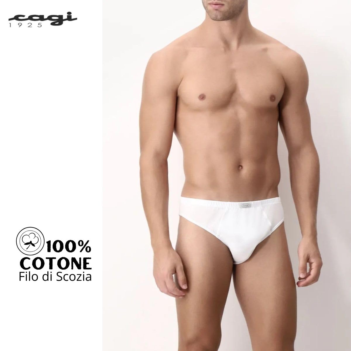Cagi 1208, set di 6 slip da uomo, 100% cotone, tessuto filo di Scozia bianco