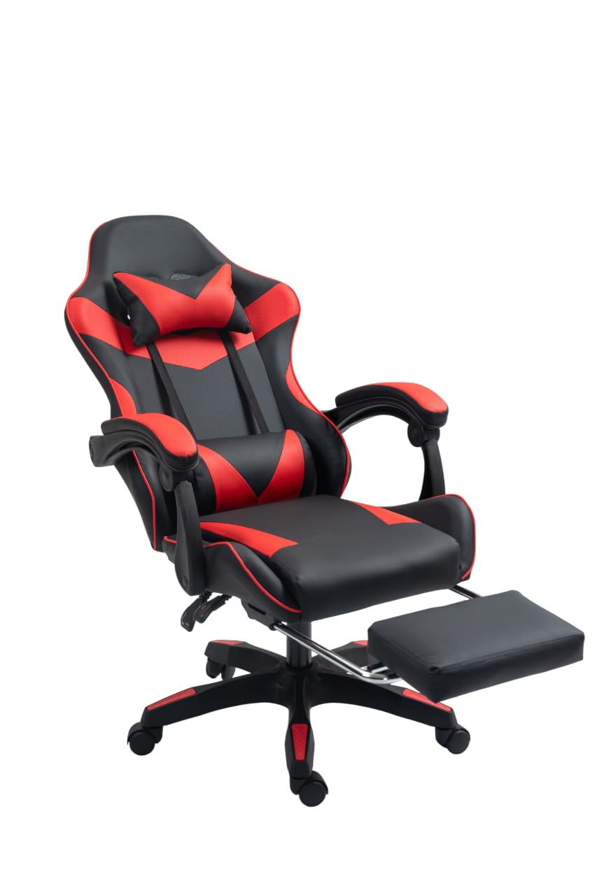 Home Treats Gaming Chair Fabric with Footrest, Black & Red - Computer Chair with Massage Added Lumbar Support, Height Adjustable Gaming Chair with 364ยฐ Rotating Seat (Black & Red)