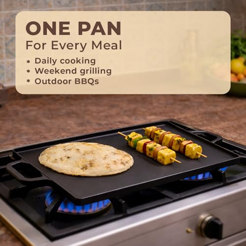 Image of Homero Cast Iron Tawa 50x23 cm - Reversible Grill Pan Cast Iron, Double Sided Grill & Flat Tawa | Pre-Seasoned Heavy Duty Barbeque Pan for Gas, BBQ & Campfire
