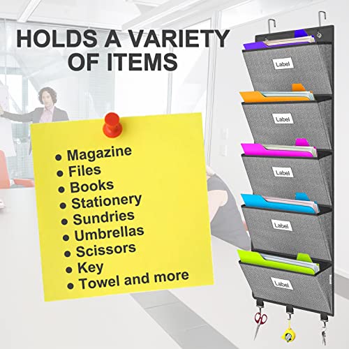 Over The Door File Organizer, Hanging File Folders, Wall Organizers And Storage For Mail, Magazine, Notebooks, Planners, Office, Classroom, 5 Extra Large Pockets, 50.39” Tall (Light Grey Herringbone Pattern) #TOP5
