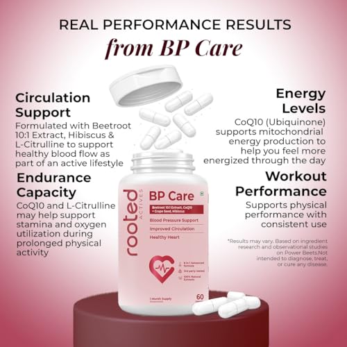 Image of Rooted Actives BP Care | Beetroot 10:1 Extract with CoQ10, Grape Seed, Hibiscus, L-Citrulline & Garlic | Circulation & Heart Wellness Support | 100% Veg Capsules | 60 Capsules - 1 Month Supply