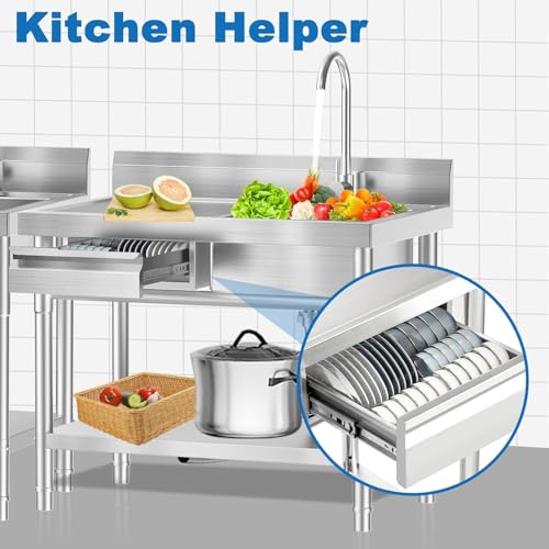 Image of 40 Inch Stainless Steel Utility Sink,Free Standing, Equipped With Hot and Cold Water Pipes, Workbench Drawers for Storage,Suitable for Kitchen, Bathroom, Farmhouse, and Outdoor Sinks.