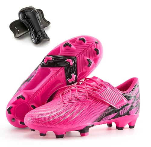 PATPAT Kids Soccer Cleats – Outdoor Firm Ground and Turf Football Training Shoes for Little Big Boys and Girls, Hot Pink/Black Sizes 10