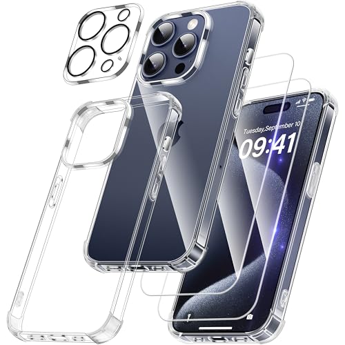 FLLAO 4 in 1 Handyhülle für iPhone 15 Pro Max Hülle mit 2 Schutzfolie und 1 KameraSchutz,Ultradünn Anti-Vergilbung Kristallklar HandyHülle Stoßfest Kratzfest Schutzhülle, Transparent