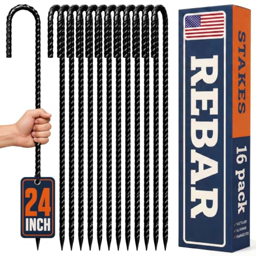 Image of Happin 24 Inch Rebar Stakes, J Hooks, Tent Stakes Heavy Duty Galvanized Garden Stakes - Trampoline Stakes, Chain Link Fence parts, Canopy, Lawn Decorations, Inflatables, Swing Set (J Shape - 16 Pack)