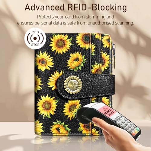 Image of Kelvoris Sunflower Small Rfid Women Wallet Bifold Zipper Coin Pocket | PU Leather Compact Cash Credit Card Holder, Travel Purse for Female Ladies Teen Girls, 1 ID Window 10 Card Slots