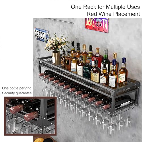 Étagère de bar murale à vin et bouteilles d'alcool avec support verres suspendus - 3