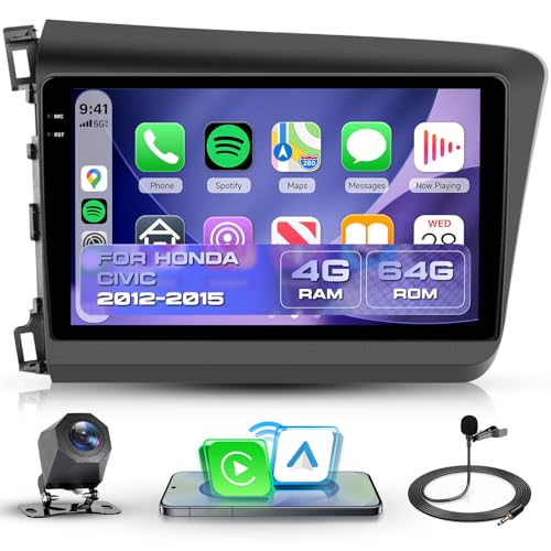 Image of [4+64G] Android 15 Car Radio for Honda Civic 2012 2013 2014 2015 with Wireless CarPlay /Android Auto, 9 inch in-Cell Screen Stereo, GPS Navigation /WiFi /Bluetooth /Mirror Link /SWC /HD Backup Camera