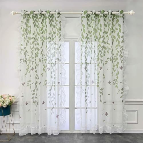 Cortinas de tul transparente con estampado verde que llenan de vida tu ventanal de gasa 2