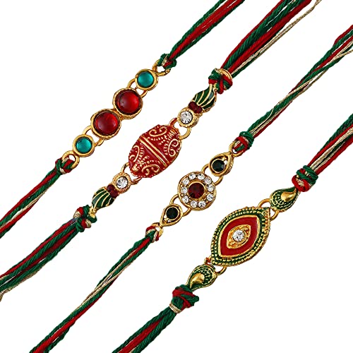 Image of eCraftIndia Set of 4 Multicolor Kundan Designer Rakhis, Best Bro Ever Fridge Magnet with Roli Chawal Pack - Rakhi for Brother, Bhaiya, Bhai