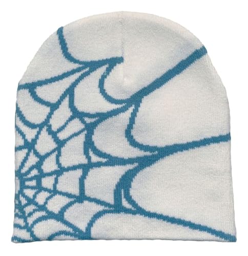 yolrdiw Women Y2k Beanie Spider Web Graphic Cozy Knitted Hats Men Warm Winter Caps White/Blue