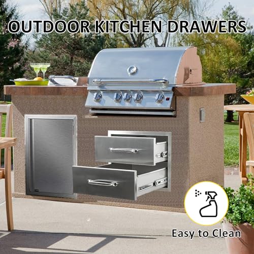Image of Outdoor Kitchen Drawers 18 inch W x 15 inch H x 23 inch D Flush Mount Double layer BBQ Drawers with Chrome Handle,Stainless Steel Built-in 2-Drawer for Outdoor Kitchen Island, Patio Grill Station