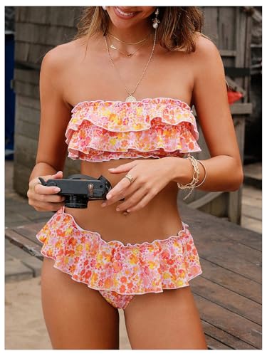 Women's 2 Piece Floral Swimsuit Ruffle Layered Bathing Suit Strapless Bandeau Bikini Sets4