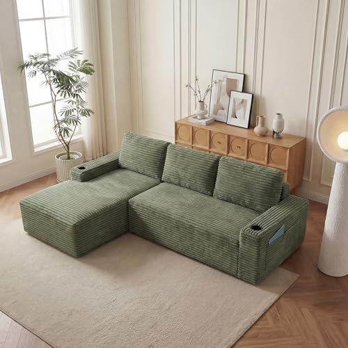 Image of 104 inch L Shaped Boneless Sectional Couches for Living Room, Comfy Corduroy Floor Cloud Sofa with Chaise and Cup Holder, Wide Armrest, Deep Seat, Assembly Free, Ideal for Small Spaces, Green