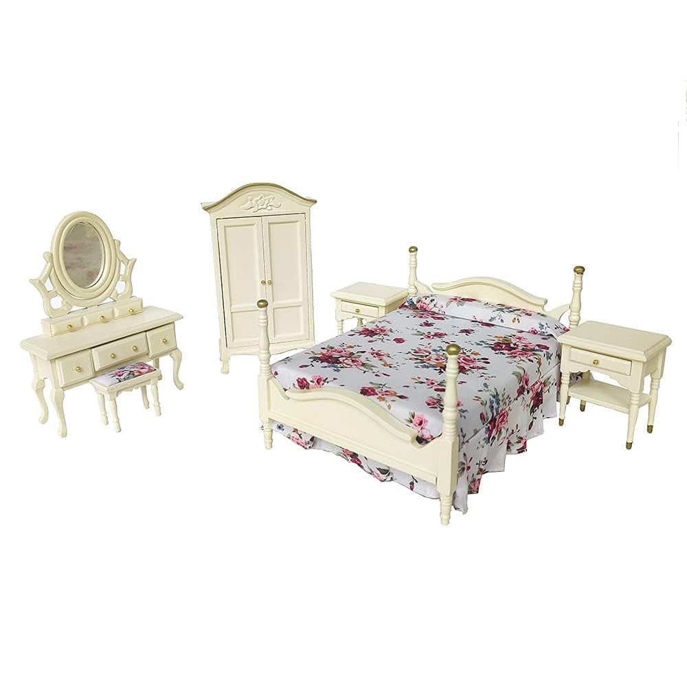 iLAND Wooden Dollhouse Furniture 1/12 Scale, Dollhouse Bedroom Furniture in Cream Color Dollhouse Bed & Dressing Table & Wardrobe Gifts for Girls Kids(Elegant Miniature Furniture 6pcs)