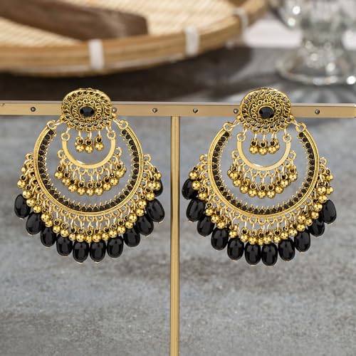 Boho Ball Tassel Dangle Large Earring for Women Girls Oversize Rhinestone Crystal Bohemian National Style Chandelier Statement Beaded Jhumka Bollywood Drop Stud Vintage Indian Jewelry Gift Lightweight3