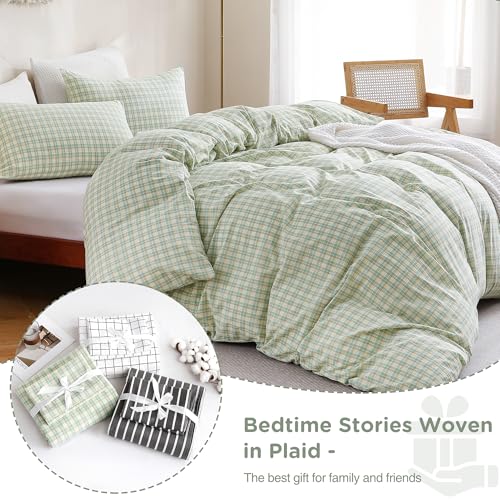 Image of TOCOMOA Plaid Duvet Cover Set 100% Washed Cotton Like Linen Feel Super Soft Comfy 3 Piece Green and Yellow Gingham Checkered Bedding Comforter Cover Set (King 104 inchx90 inch, Comforter Not Included)