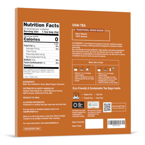 Image of HANDPICK Masala Chai Teabags (40 Count) Robust & Aromatic Authentic Chai