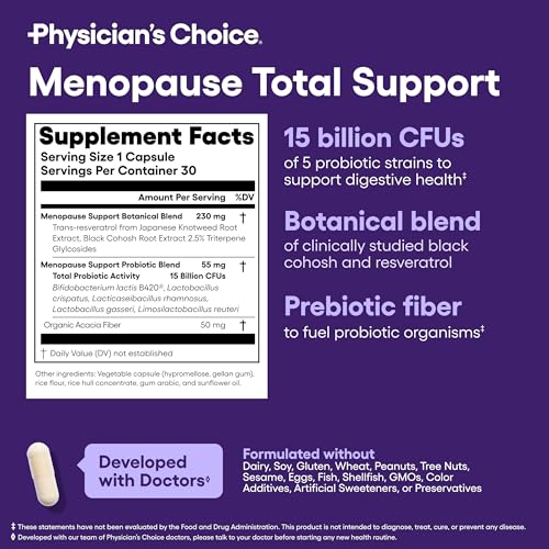 Image of Physician's CHOICE Menopause Probiotic Supplement for Women - Supports Hormone Balance, Hot Flashes, Night Sweats, Weight Management, Bloating & Gut Health - with Black Cohosh, Resveratrol+ - 30ct
